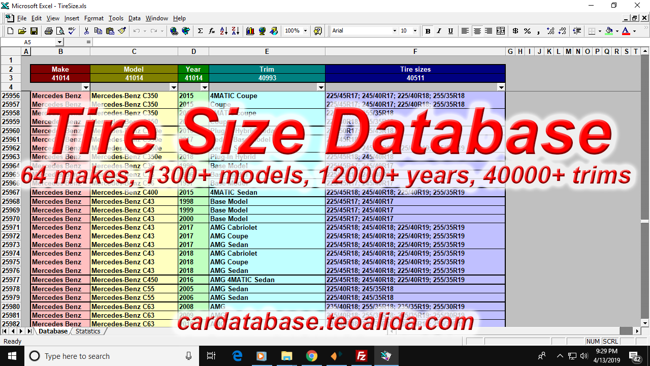 Tire size database for cars sold in United States and Canada