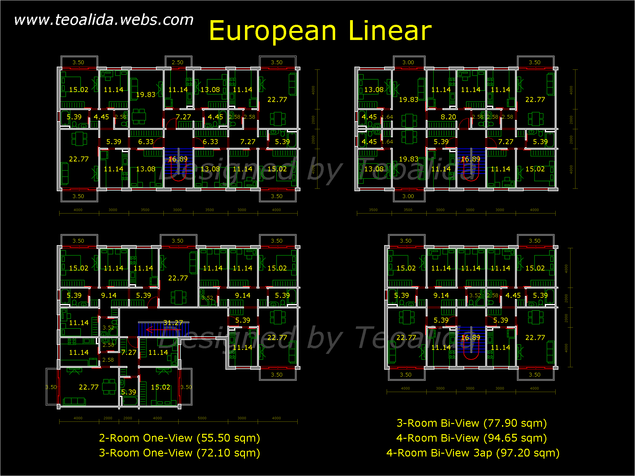 European linear floor plan, 2, 3, 4 room apartments