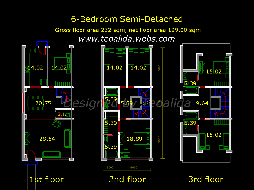 European semi-detached house 6 bedroom floor plan