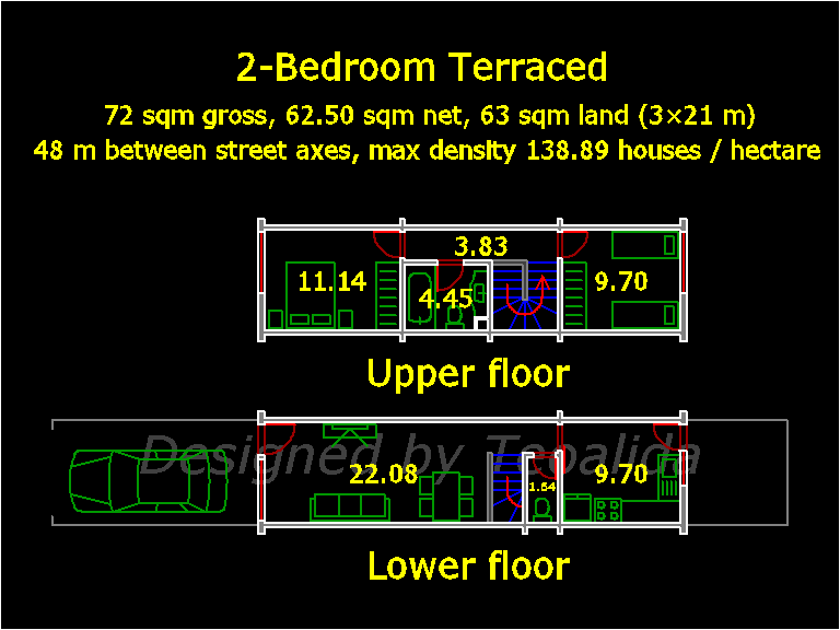 Terraced house floor plan, 3 meters frontage and 12 meters long
