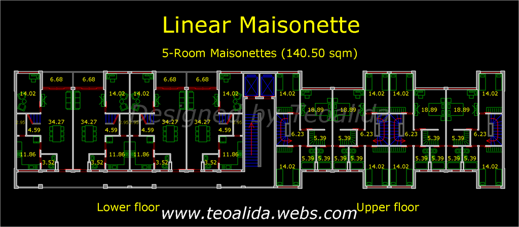 Linear Maisonette floor plan, 140 sqm duplex apartments