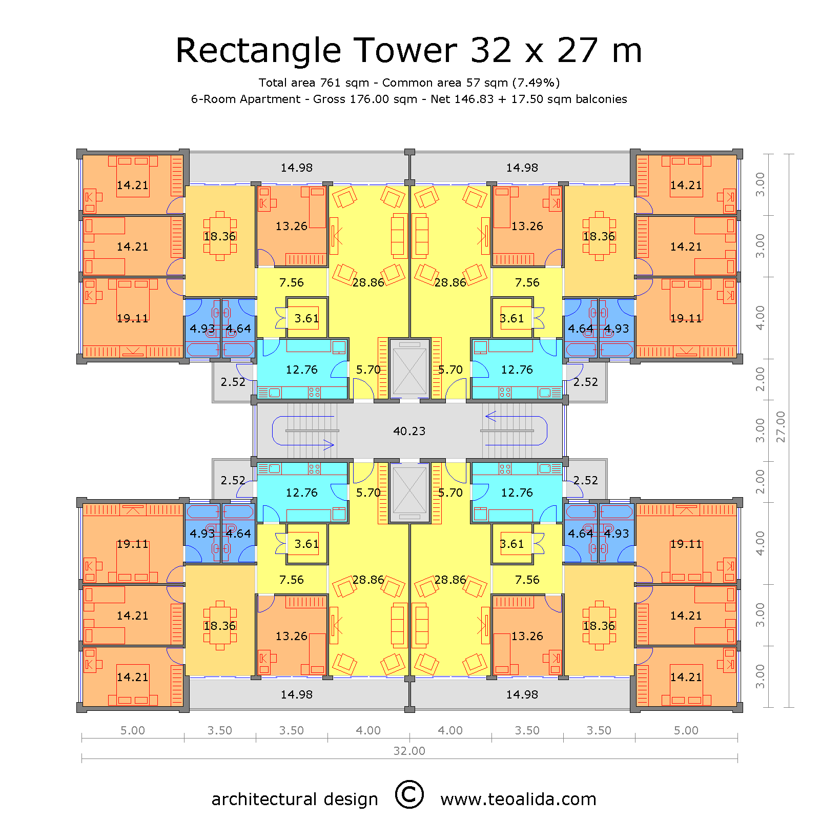 Rectangle tower with 6-room apartments
