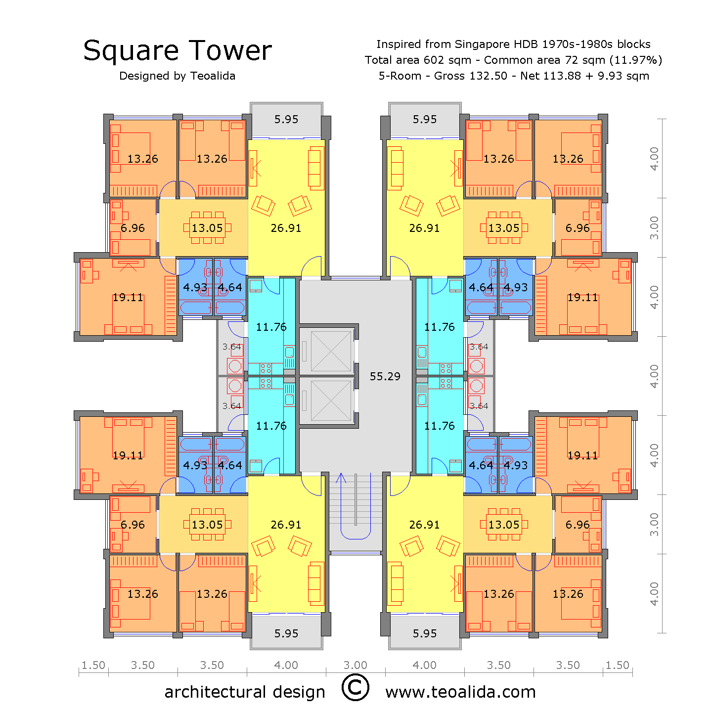 Square tower floor plan, 130 sqm 5-room apartments