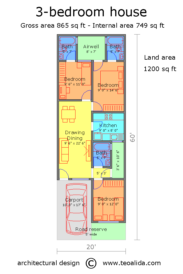 20x60 ft 3BHK house plan