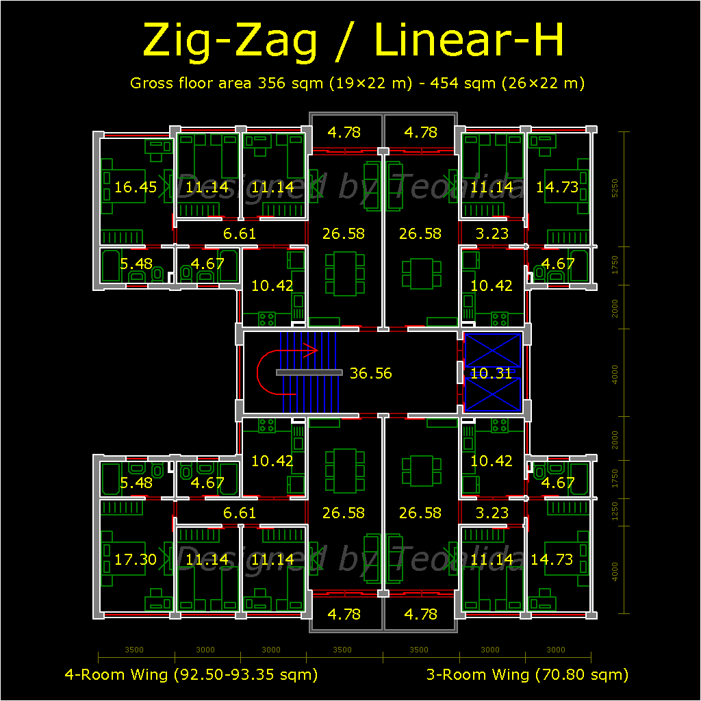 H-shaped block floor plan with 4 units per floor